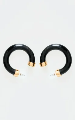 Black Resin Trim Chunk Hoop Earrings