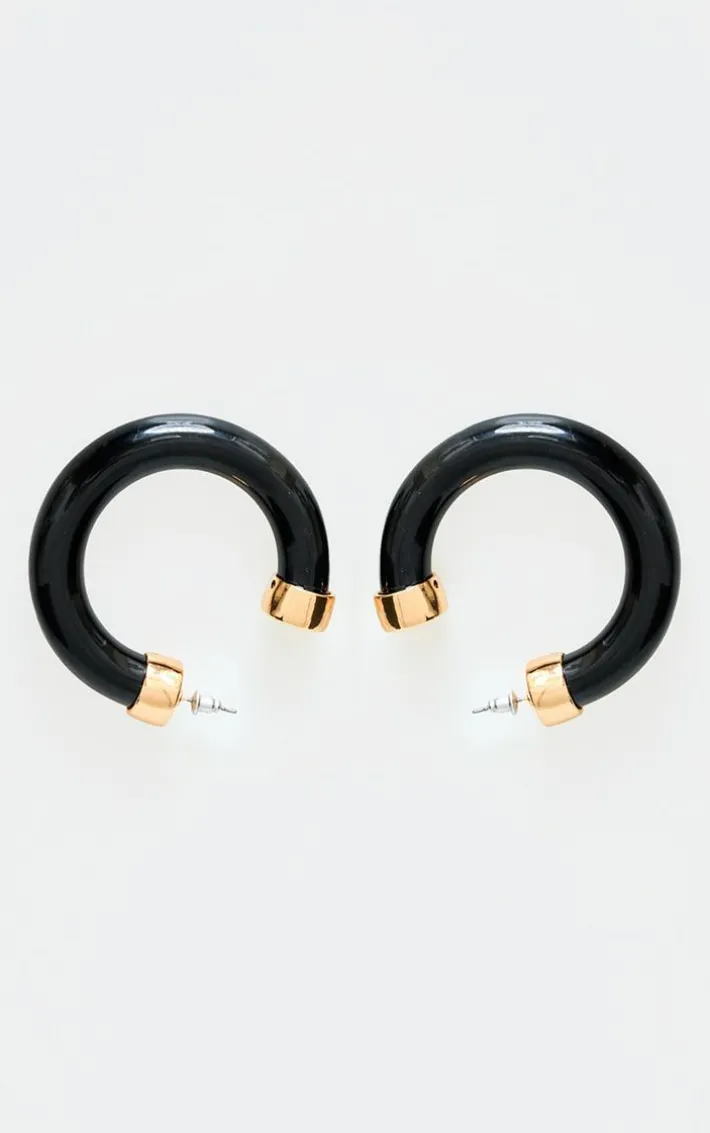Black Resin Trim Chunk Hoop Earrings