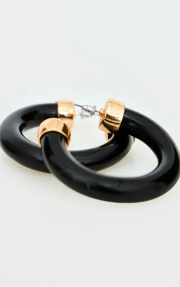 Black Resin Trim Chunk Hoop Earrings