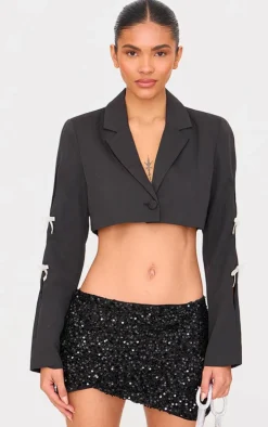 Black Rhinestone Bow Detail Cropped Blazer
