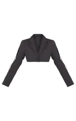 Black Rhinestone Bow Detail Cropped Blazer