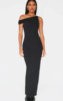 Black Rib Asymmetric Maxi Dress