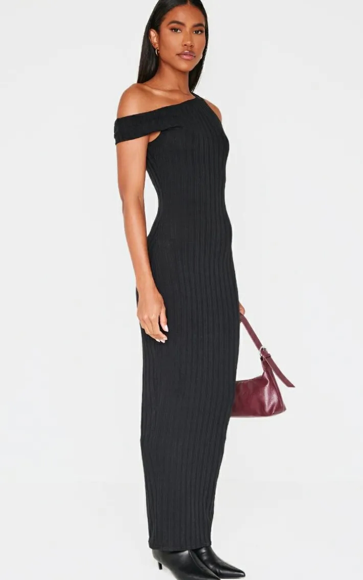 Black Rib Asymmetric Maxi Dress