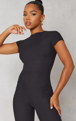 Black Rib Cap Sleeve Jumpsuit