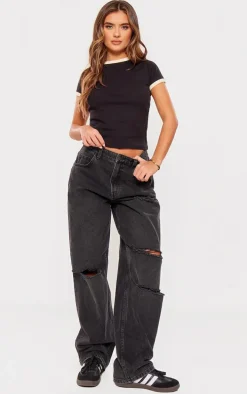 Black Rib Contrast Binding Fitted T Shirt