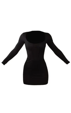 Black Rib Corset Seam Square Neck Mini Bodycon Dress