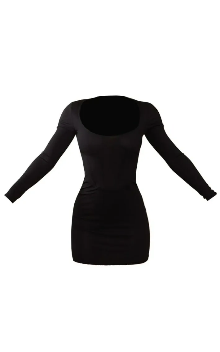 Black Rib Corset Seam Square Neck Mini Bodycon Dress