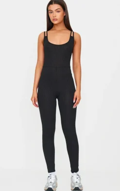 Black Rib Double Strap Jumpsuit