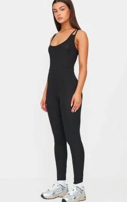 Black Rib Double Strap Jumpsuit