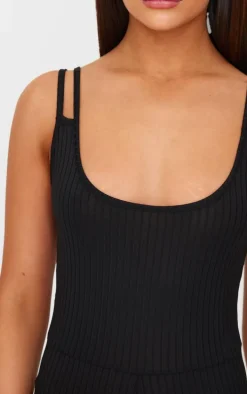 Black Rib Double Strap Jumpsuit