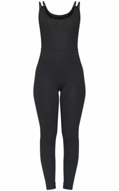 Black Rib Double Strap Jumpsuit