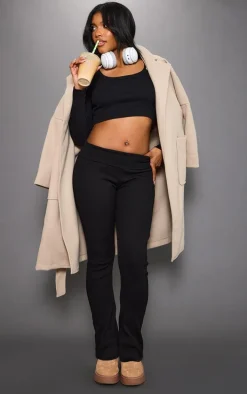 Black Rib Fold Over Waist Flared Pants