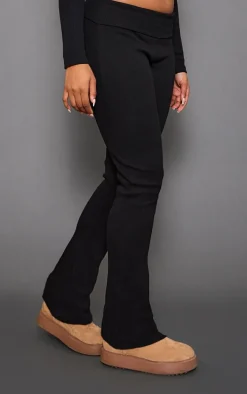 Black Rib Fold Over Waist Flared Pants