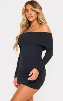 Black Rib Foldover Bardot Bodycon Dress