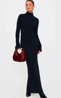 Black Rib High Neck Long Sleeve Maxi Dress