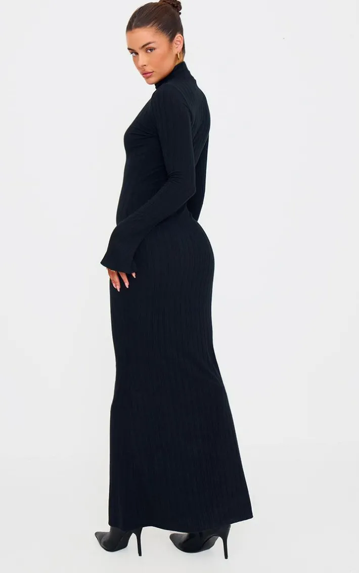 Black Rib High Neck Long Sleeve Maxi Dress