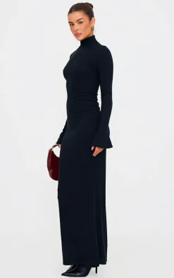 Black Rib High Neck Long Sleeve Maxi Dress