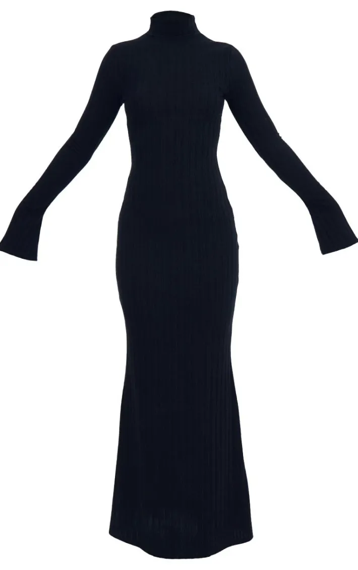 Black Rib High Neck Long Sleeve Maxi Dress