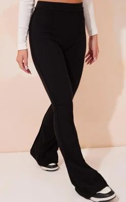 Black Rib High Waist Seam Detail Flared Pants