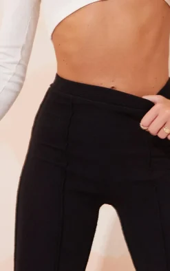 Black Rib High Waist Seam Detail Flared Pants