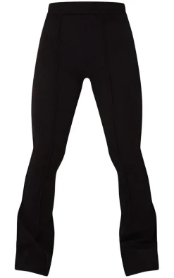 Black Rib High Waist Seam Detail Flared Pants