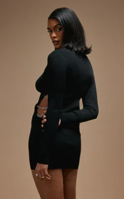 Black Rib Knit Chain Front Mini Dress