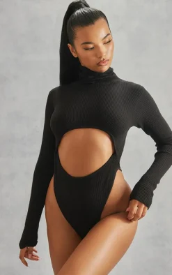 Black Rib Knit Cut Out Front Bodysuit