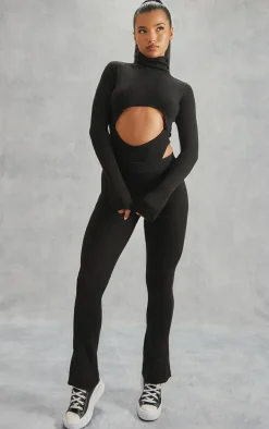 Black Rib Knit Cut Out Front Bodysuit