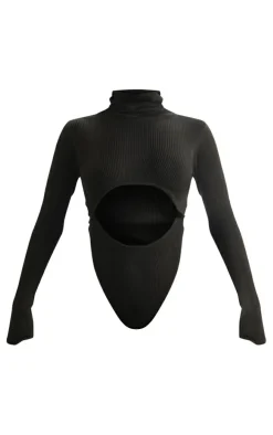 Black Rib Knit Cut Out Front Bodysuit