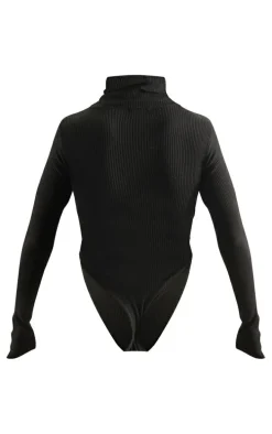 Black Rib Knit Cut Out Front Bodysuit
