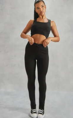 Black Rib Knit Dipped Waist Pants