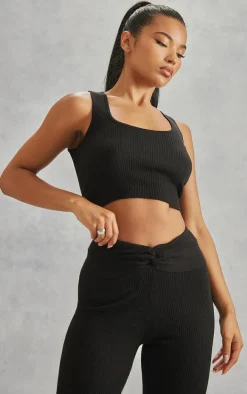 Black Rib Knit Dipped Waist Pants