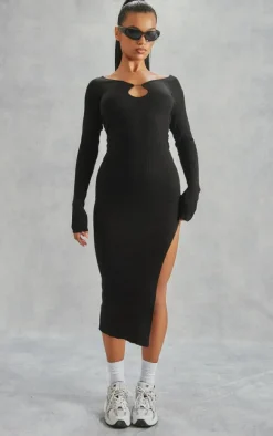 Black Rib Knit Keyhole Cut Out Maxi Dress