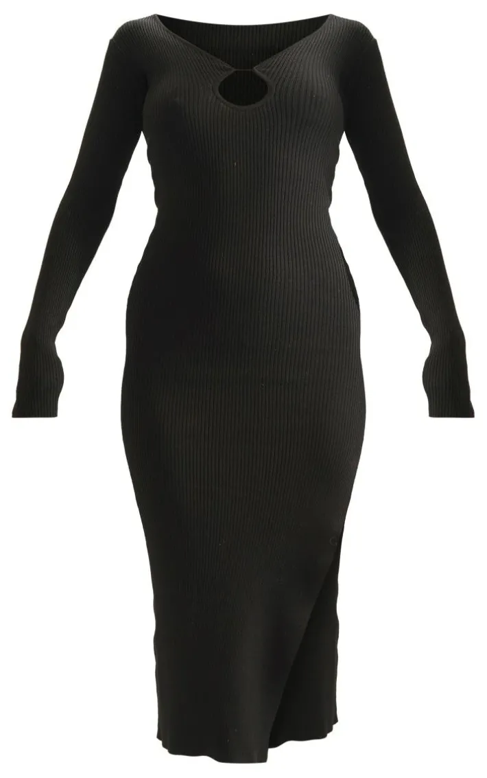 Black Rib Knit Keyhole Cut Out Maxi Dress