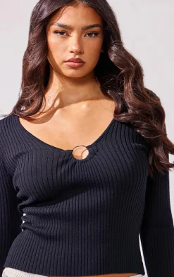 Black Rib Knit O Ring Long Sleeve Top