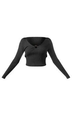 Black Rib Knit O Ring Long Sleeve Top