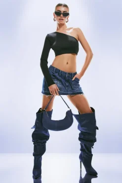 Black Rib Knit One Shoulder Halterneck Top