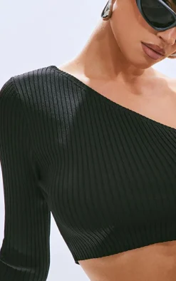 Black Rib Knit One Shoulder Halterneck Top