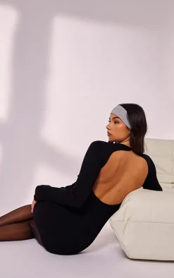 Black Rib Knit Open Back Mini Dress