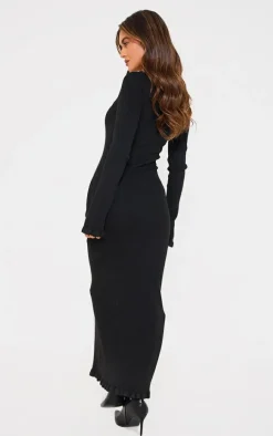 Black Rib Knit Piquet Hem Maxi Dress
