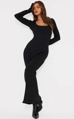 Black Rib Knit Piquet Hem Maxi Dress