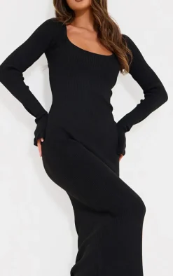 Black Rib Knit Piquet Hem Maxi Dress