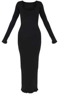 Black Rib Knit Piquet Hem Maxi Dress