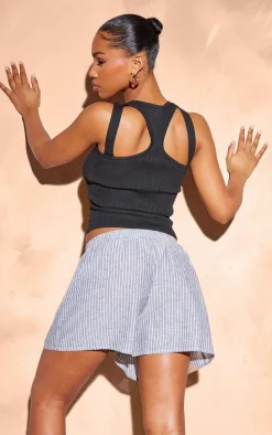 Black Rib Knit Racer Back Cami Strap Top