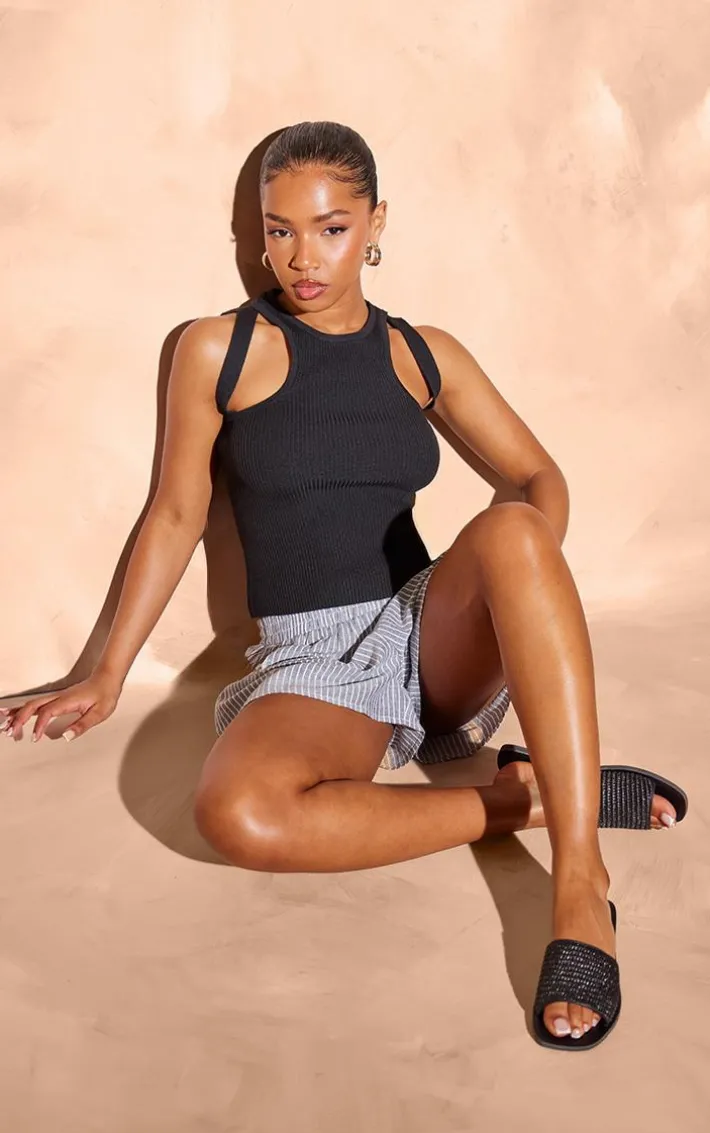 Black Rib Knit Racer Back Cami Strap Top