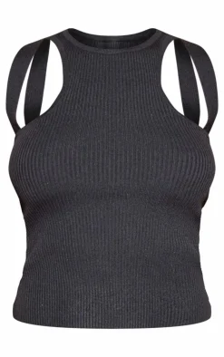 Black Rib Knit Racer Back Cami Strap Top