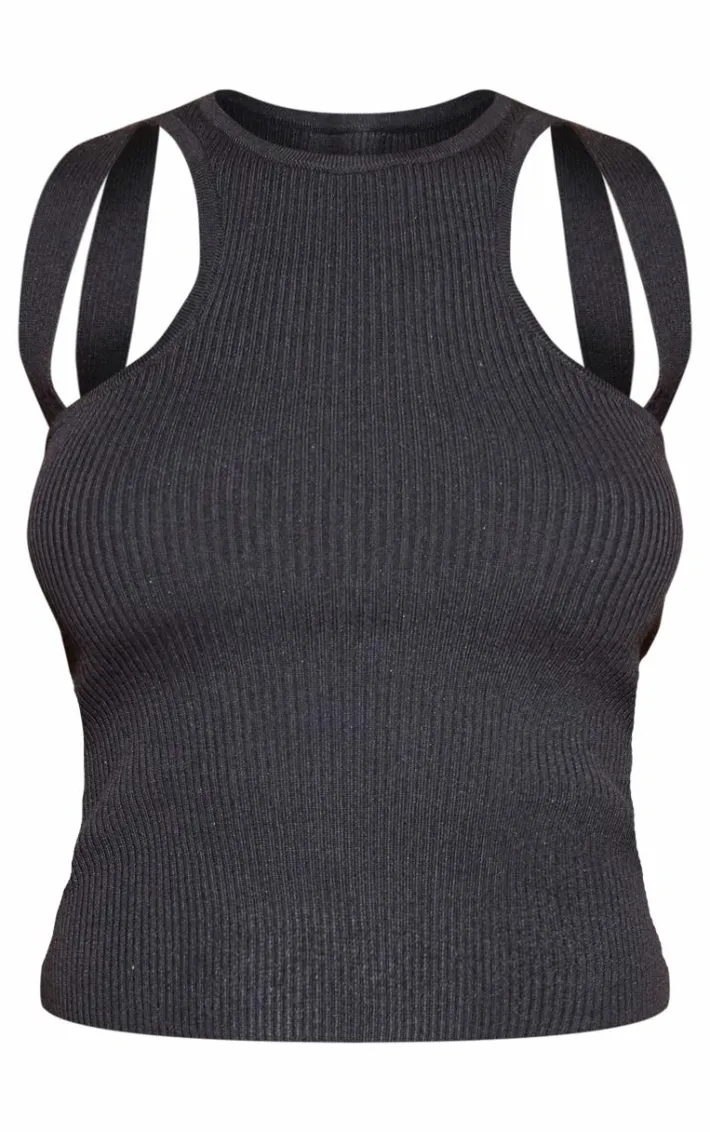 Black Rib Knit Racer Back Cami Strap Top