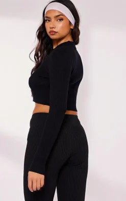 Black Rib Knit Zip Up Cropped Top
