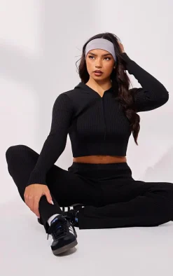 Black Rib Knit Zip Up Long Sleeve Co Ord