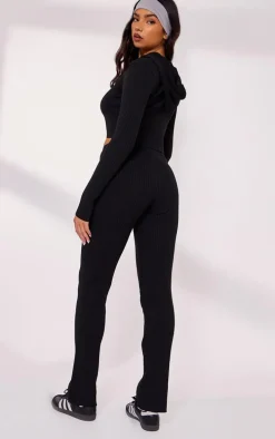 Black Rib Knit Zip Up Long Sleeve Co Ord